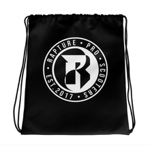 Load image into Gallery viewer, Black drawstring bag with a white  Rapture logo with white background